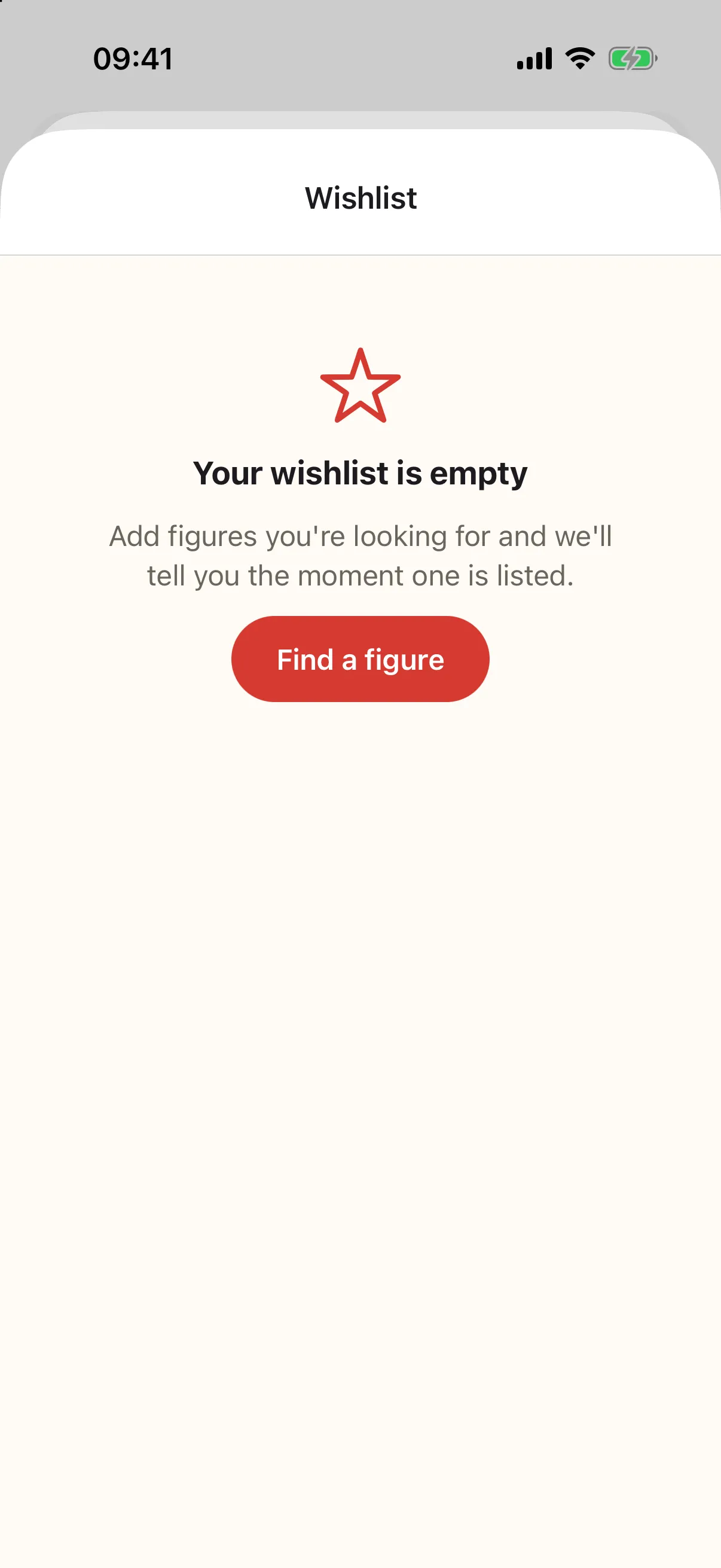 The wishlist screen listing figures with price alerts